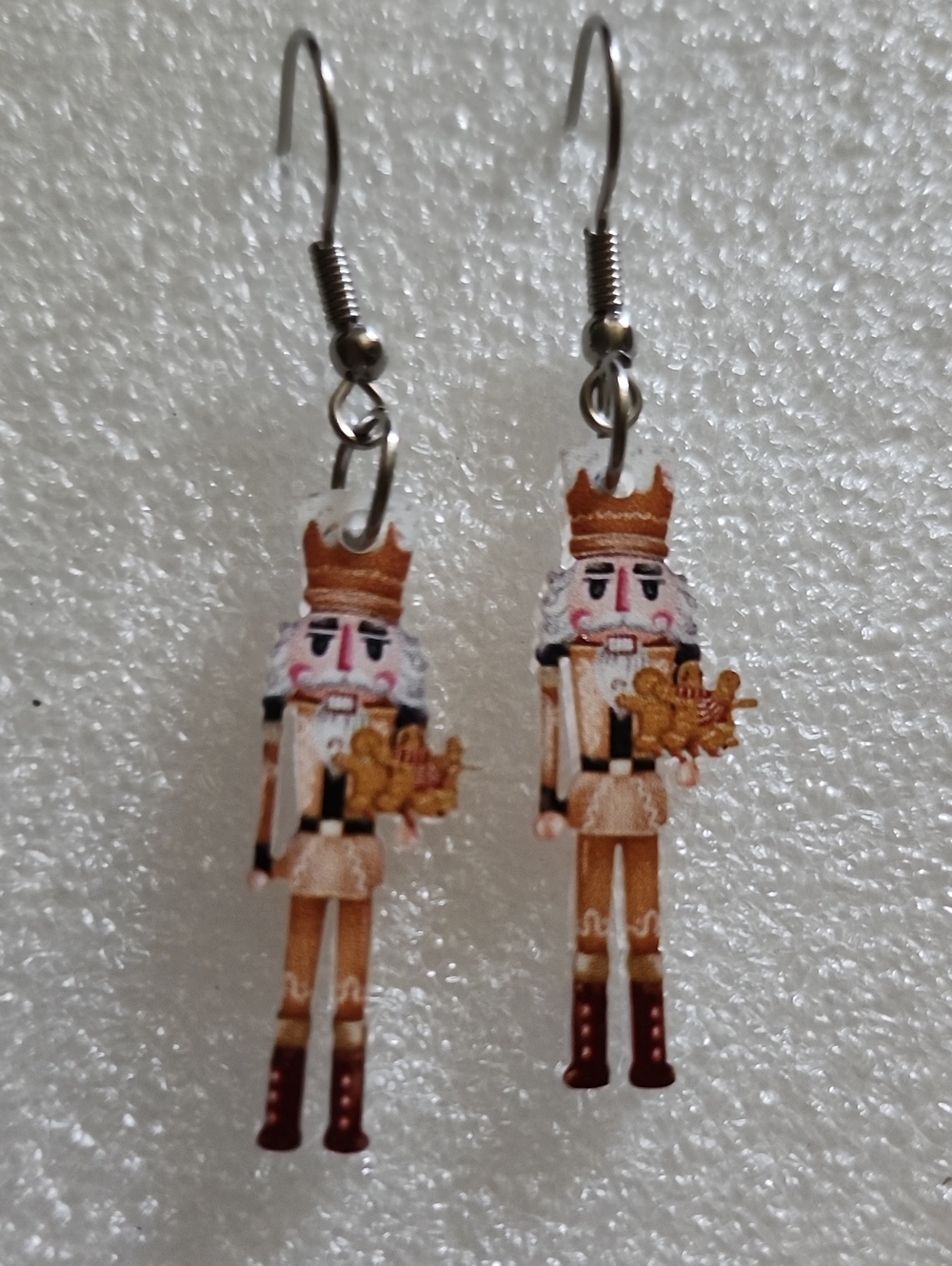 Hand Crafted Nutcracker Earrings in Brown, Gold, White